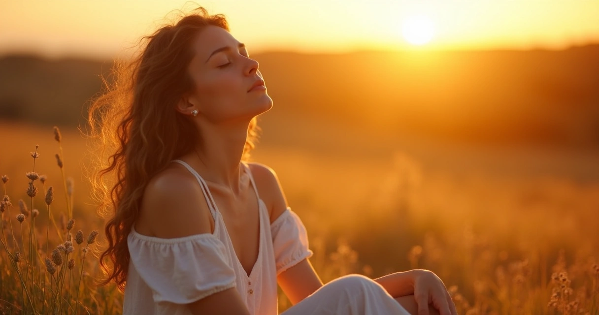 Mulher com rosto em paz sentada em campo ao pôr do sol 