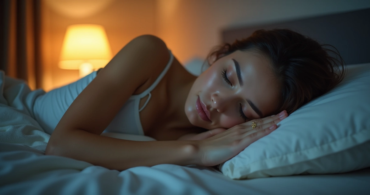 Mulher relaxando na cama com olhos fechados, iluminação suave ao fundo