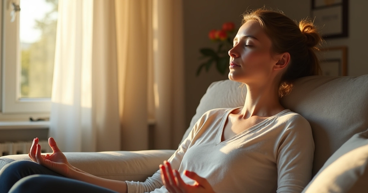 Mulher relaxando com olhos fechados, sentada em sofá e praticando meditação curta durante pausa. 