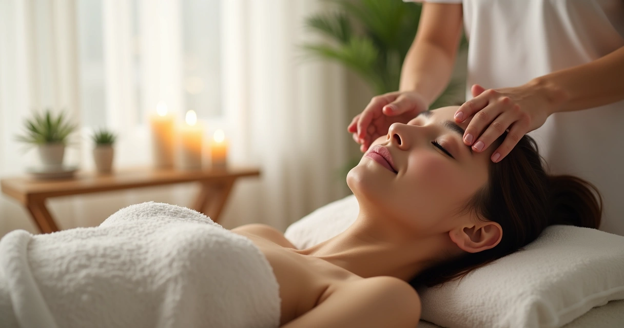 Mulher recebendo aplicação de reiki, expressão serena, ambiente suave 