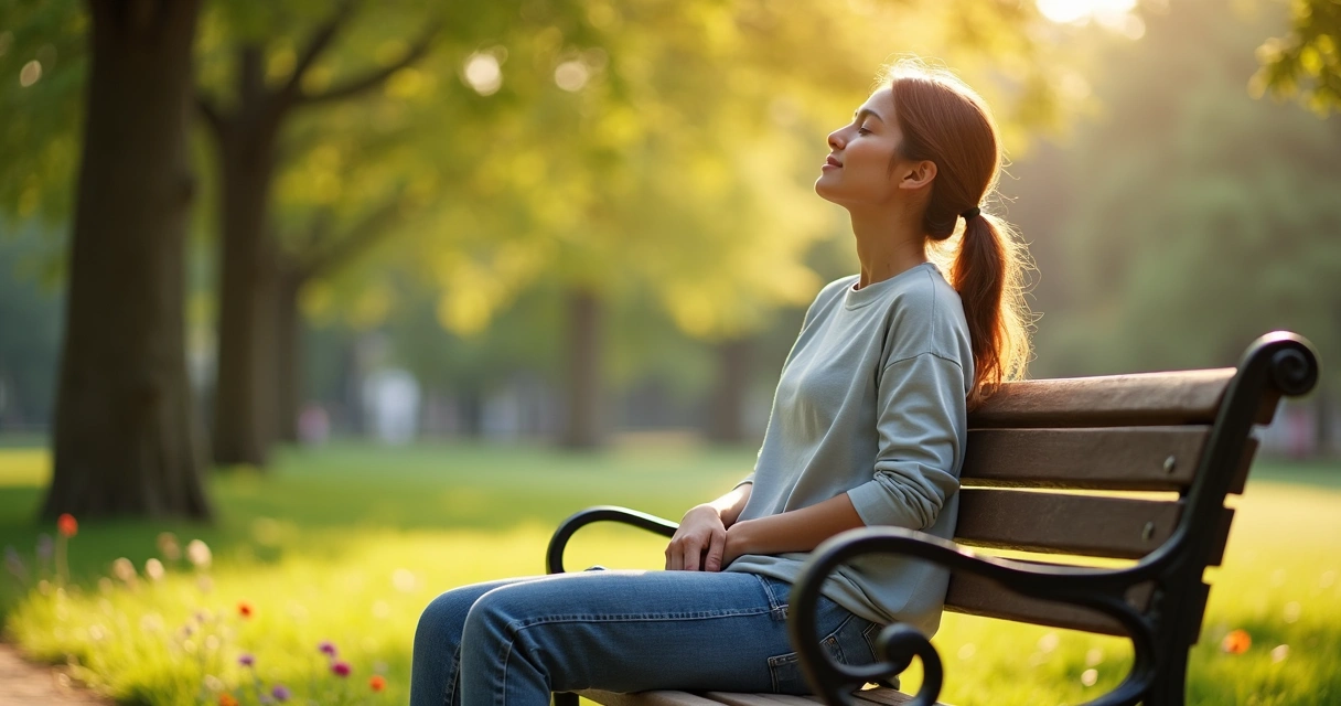Mulher relaxando ao ar livre com luz do sol suave 