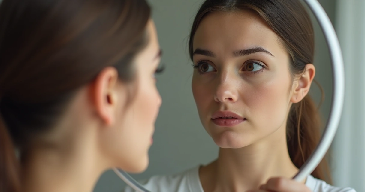 Mulher olhando para o próprio reflexo em um espelho pequeno de mão, com expressão de dúvida 