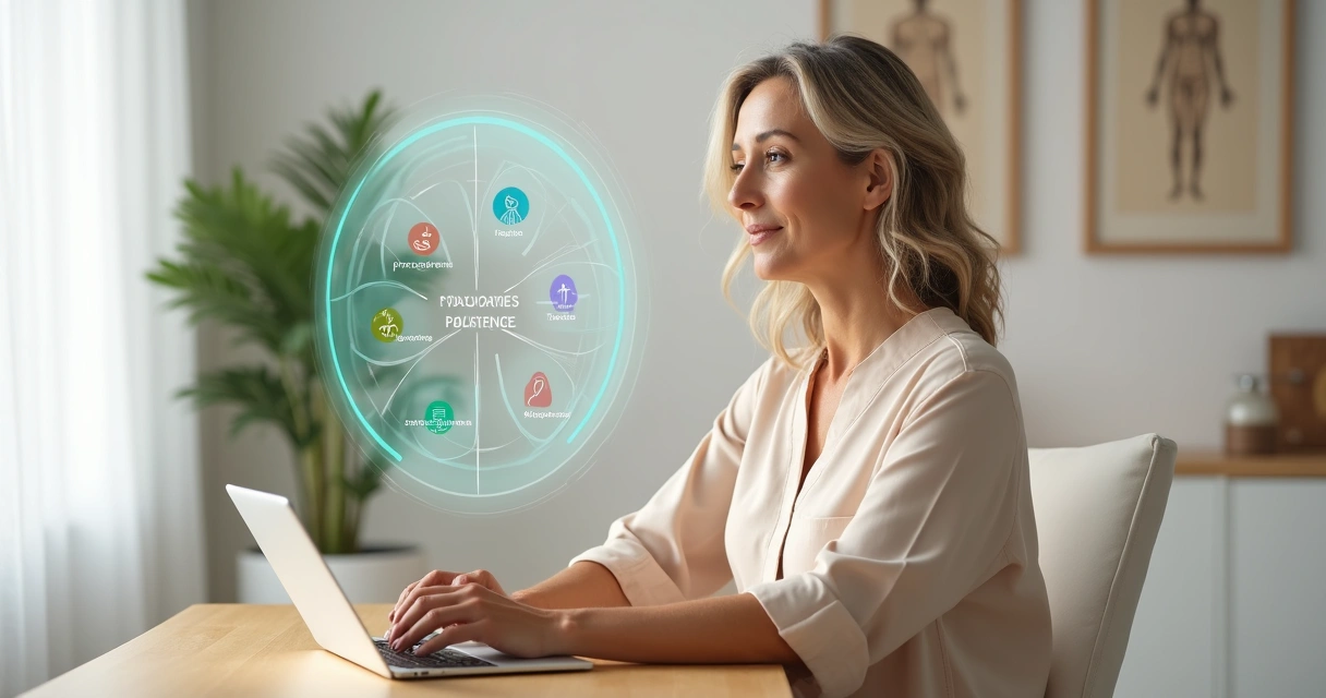 Mulher madura tranquila observando gráfico de equilíbrio hormonal colorido 