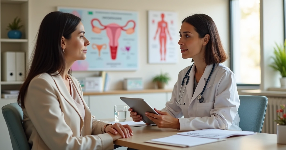 Mulher adulta em consulta médica sobre reposição hormonal feminina 