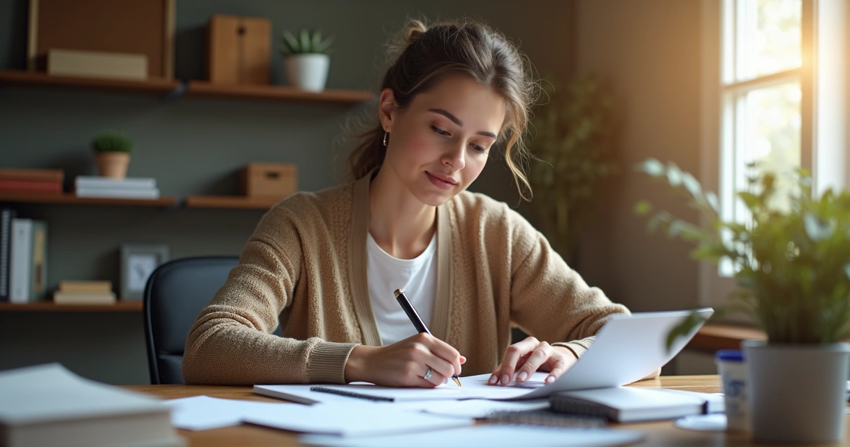 Mulher analisando anotações sentada à mesa com expressão serena 