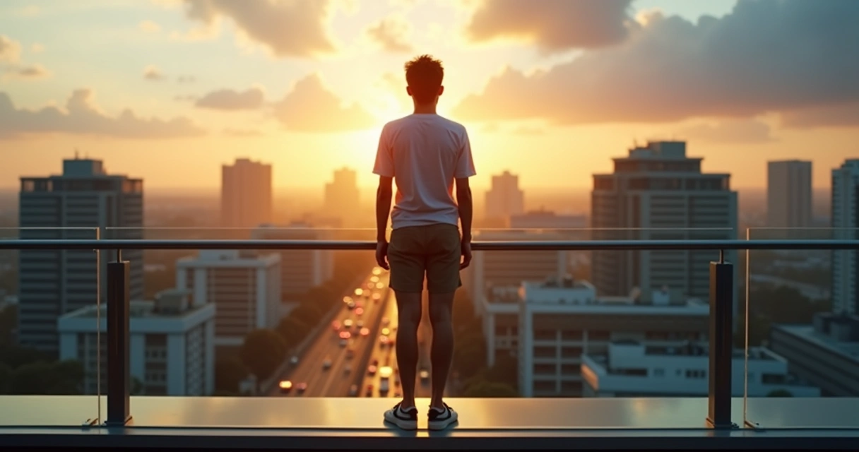 Pessoa em pé em prédio alto olhando horizonte da cidade ao pôr do sol 