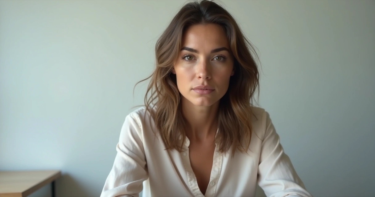 Mulher olhando calmamente para frente, postura decidida e serena 