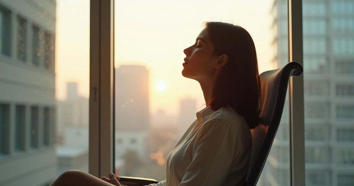 Mulher olhos fechados respira fundo sentada em cadeira 