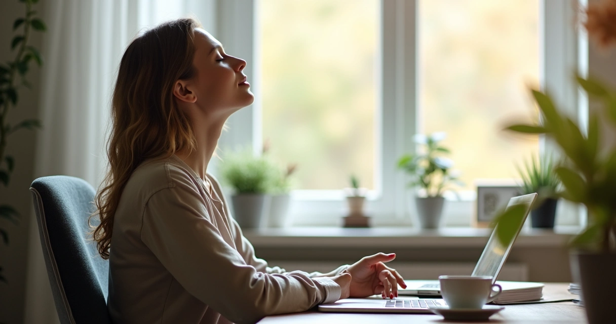 Mulher sentada em cadeira, olhos fechados, respira fundo enquanto trabalha no computador 