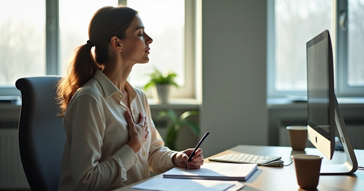 Mulher em escritório respira fundo sentada, olhos fechados, mãos no peito 
