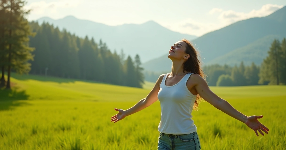 Mulher em pé de braços abertos respirando profundamente em meio à natureza 