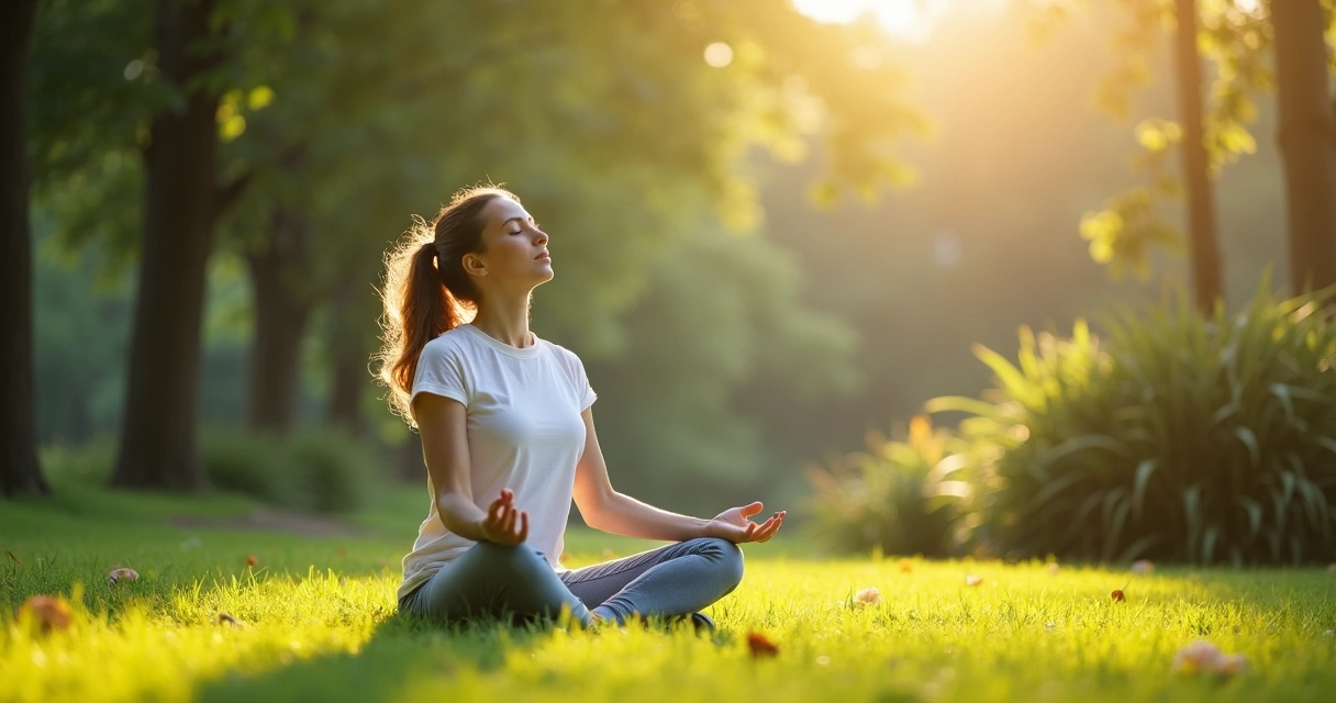 Mulher sentada em parque fazendo respiração profunda 