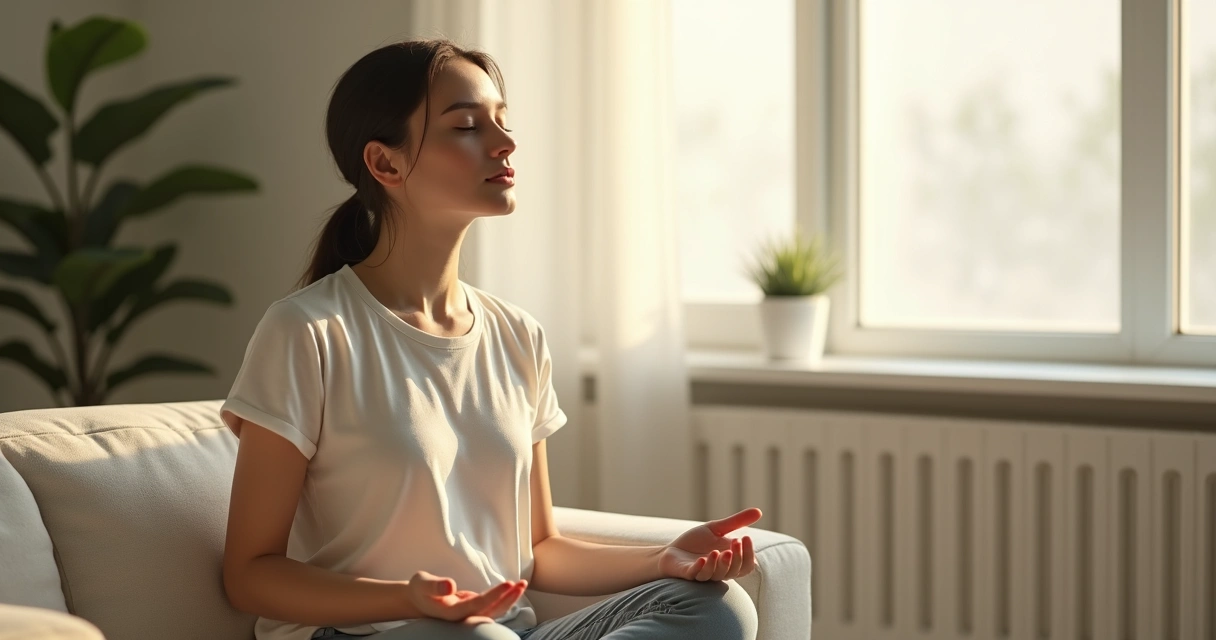 Mulher de olhos fechados sentada, praticando respiração consciente 