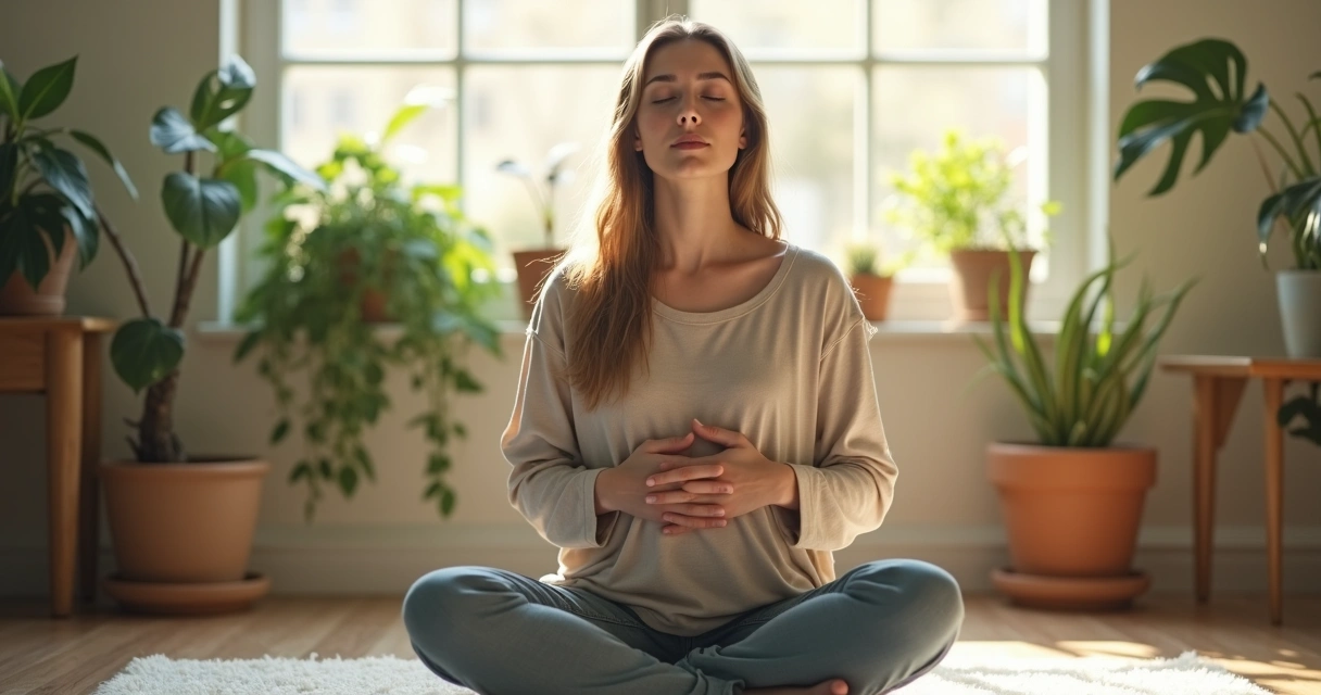 Mulher sentada praticando respiração consciente