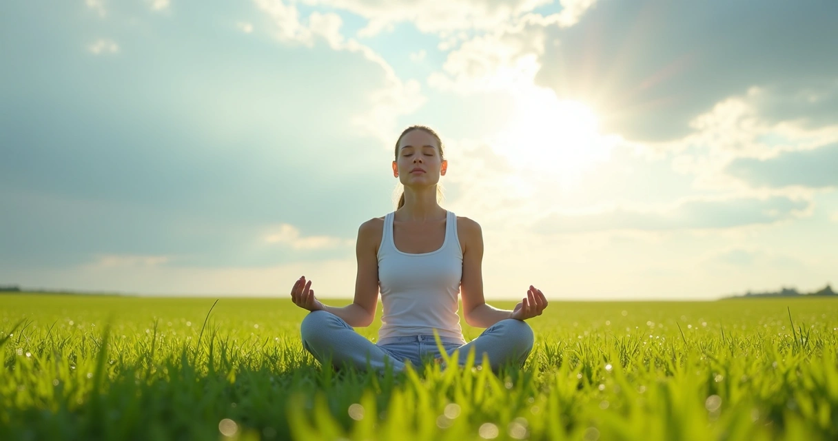 Mulher sentada respirando fundo em campo verde 