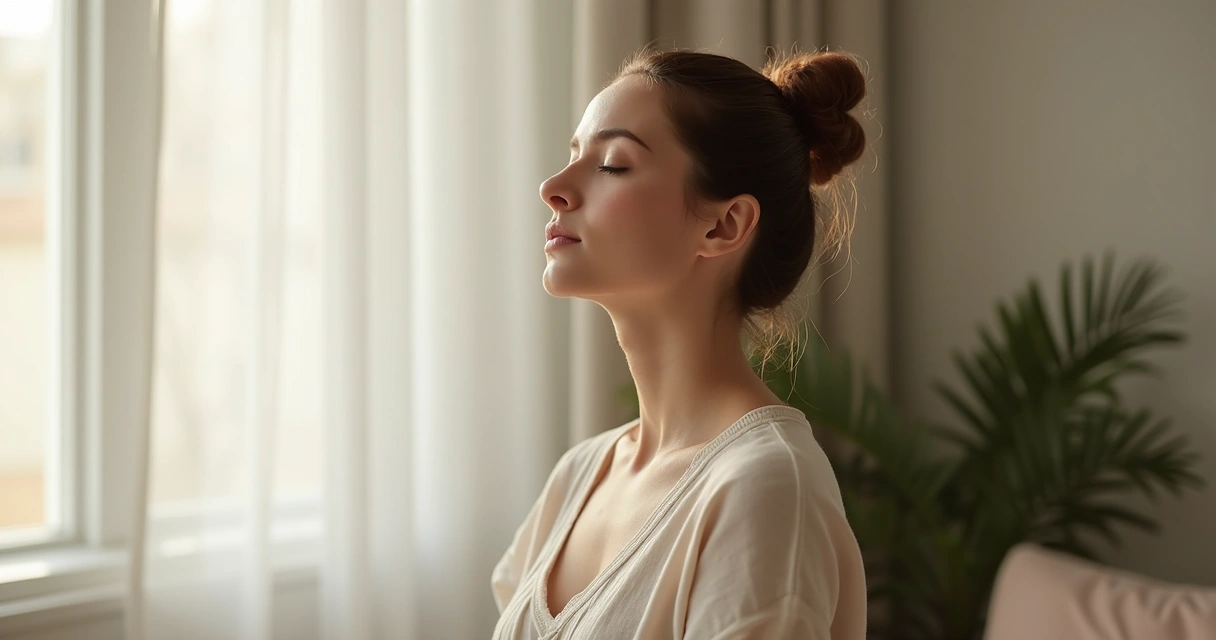 Mulher de olhos fechados respirando fundo em ambiente tranquilo