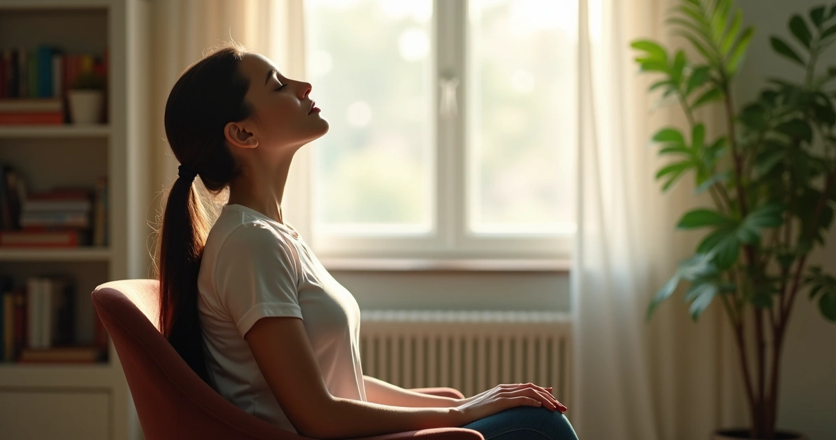 Mulher de olhos fechados, sentada, fazendo respiração profunda