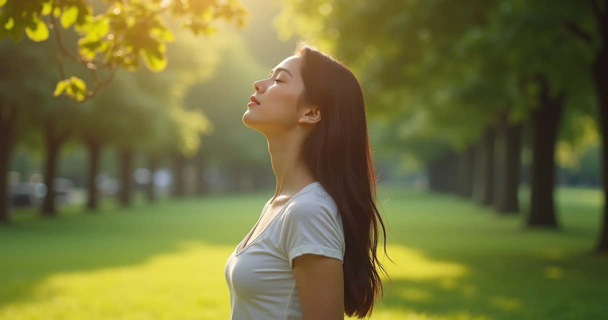 Mulher respirando fundo em meio à natureza 