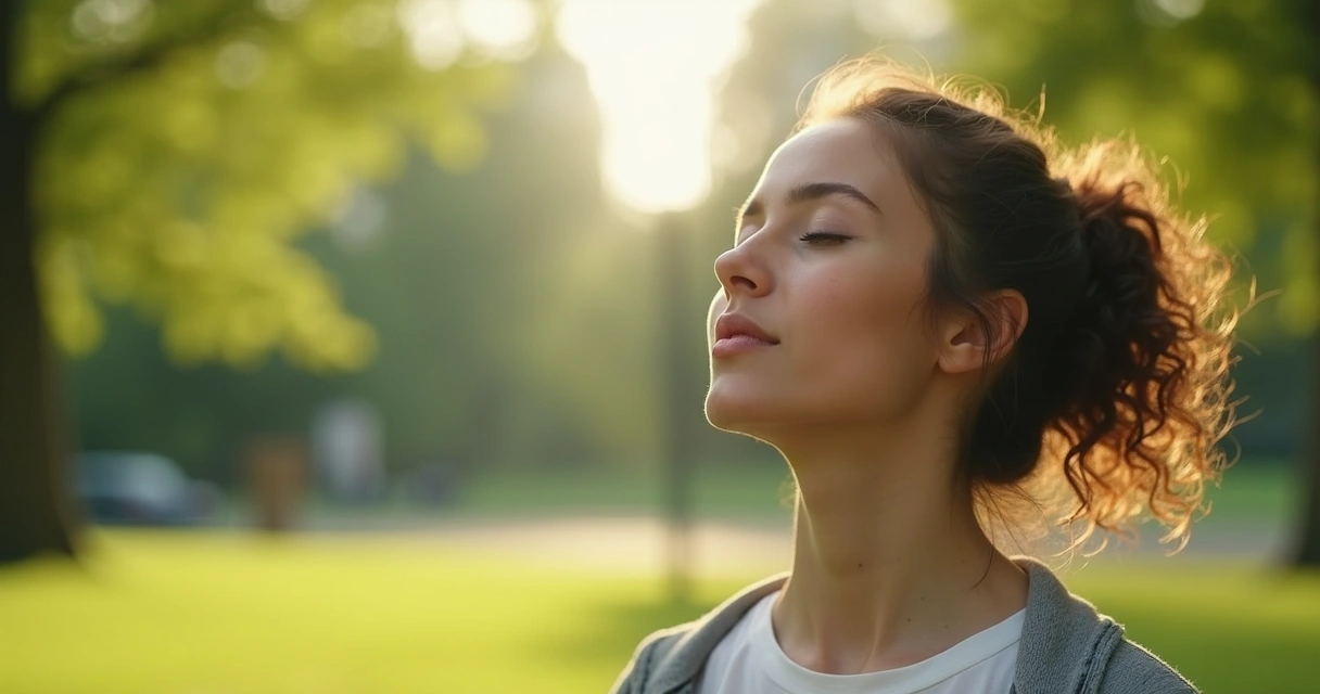 Mulher respirando fundo ao ar livre, com árvores e grama ao fundo.