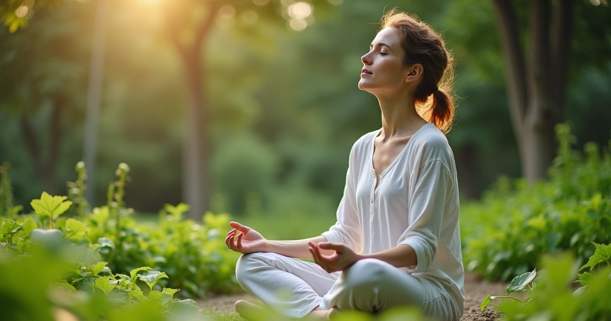 Mulher sentada no jardim, respirando fundo, olhos fechados, em um momento tranquilo de meditação 