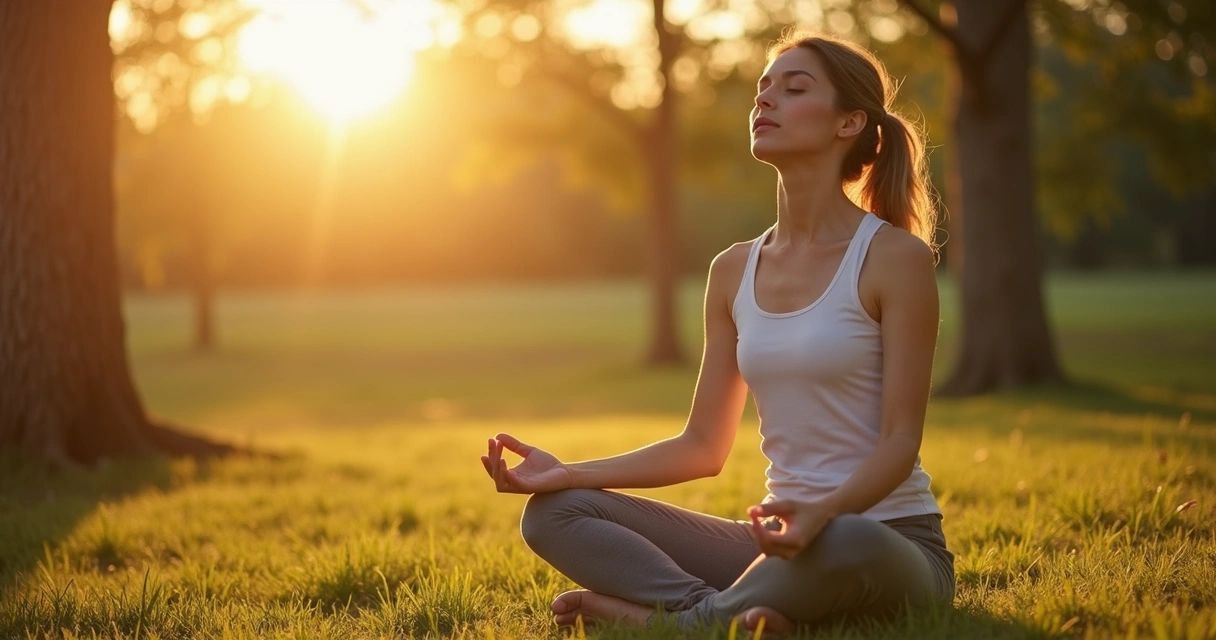 Mulher sentada ao ar livre fazendo respiração consciente