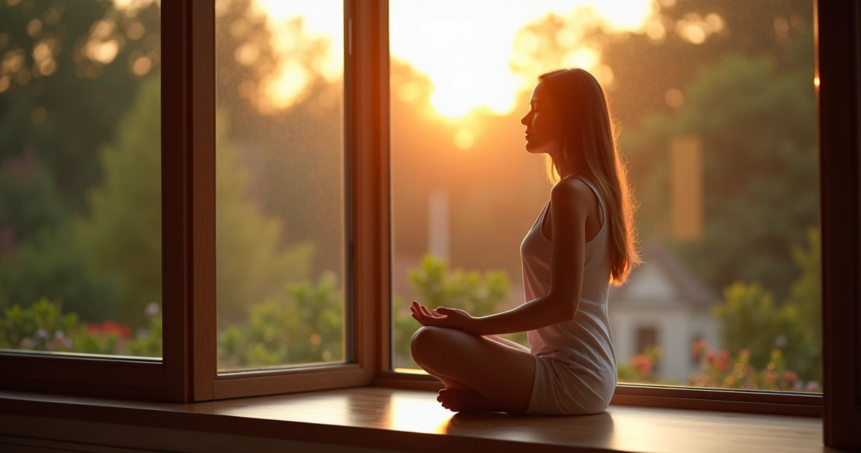 Mulher respirando profundamente, presença pela manhã 