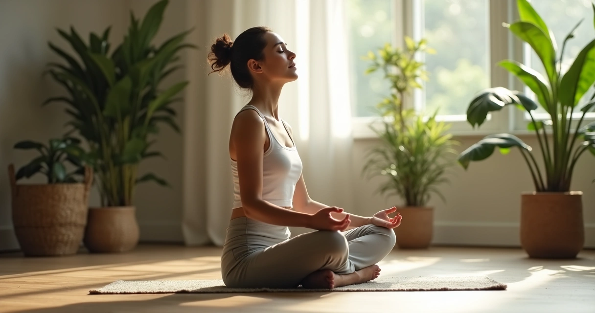 Mulher sentada, olhos fechados, respirando profundamente 