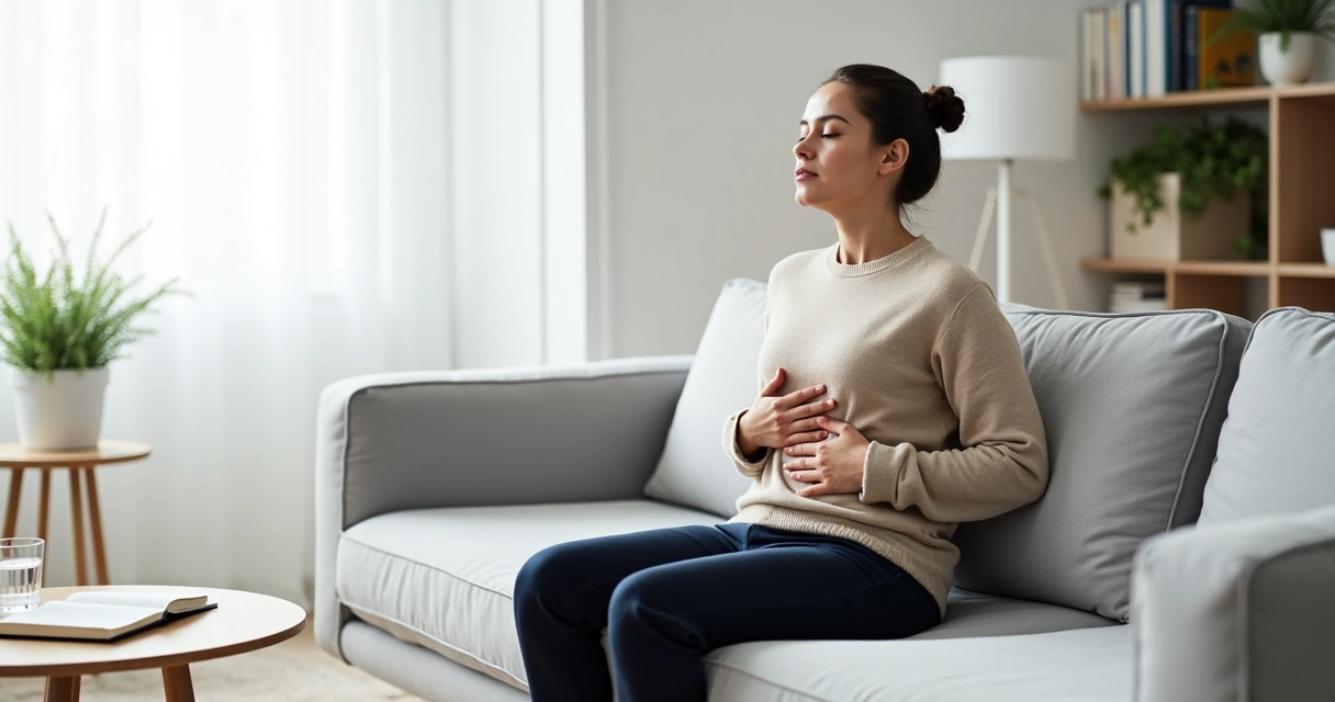 Pessoa sentada na sala respirando profundamente em momento de crise 