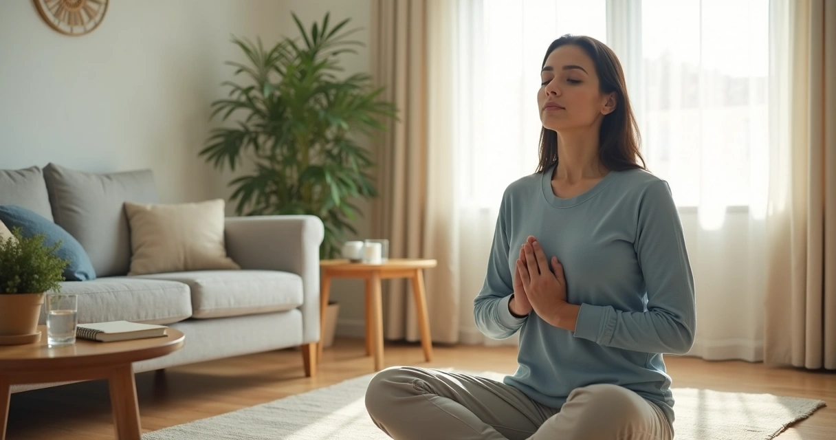 Pessoa sentada no sofá fazendo respiração profunda e se acalmando 