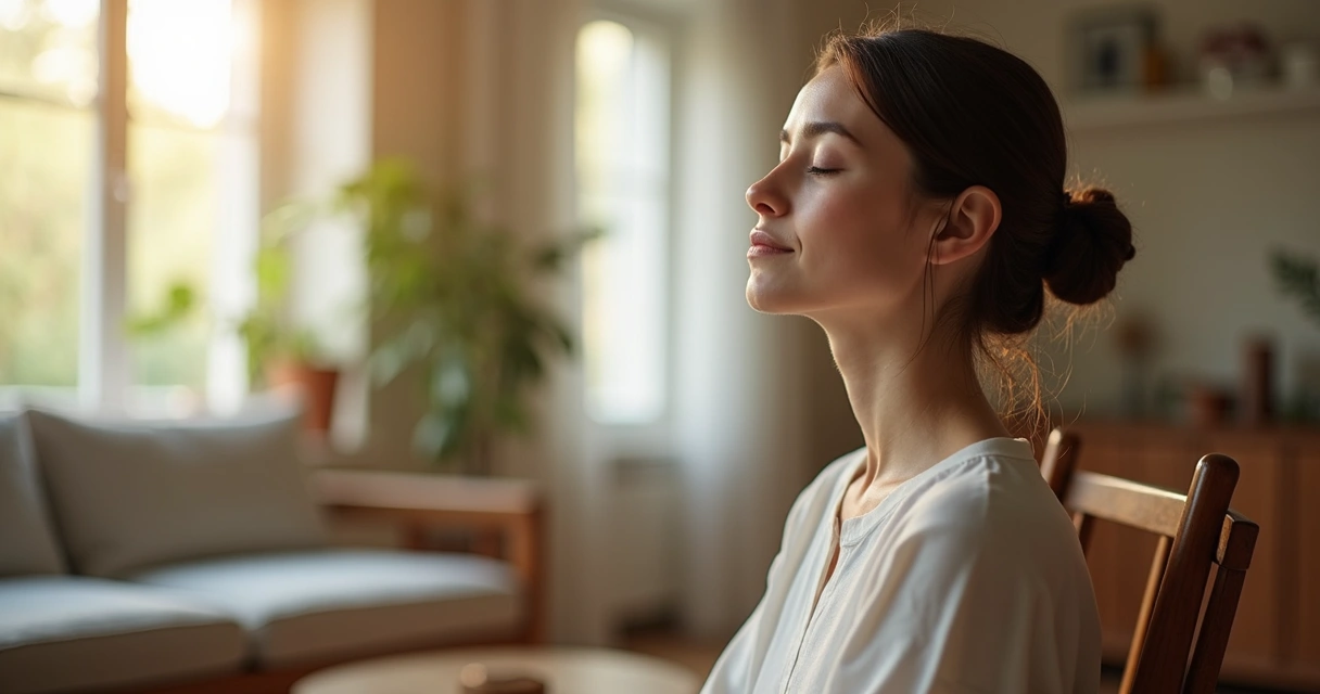 Mulher de olhos fechados respira fundo sentada em cadeira de madeira