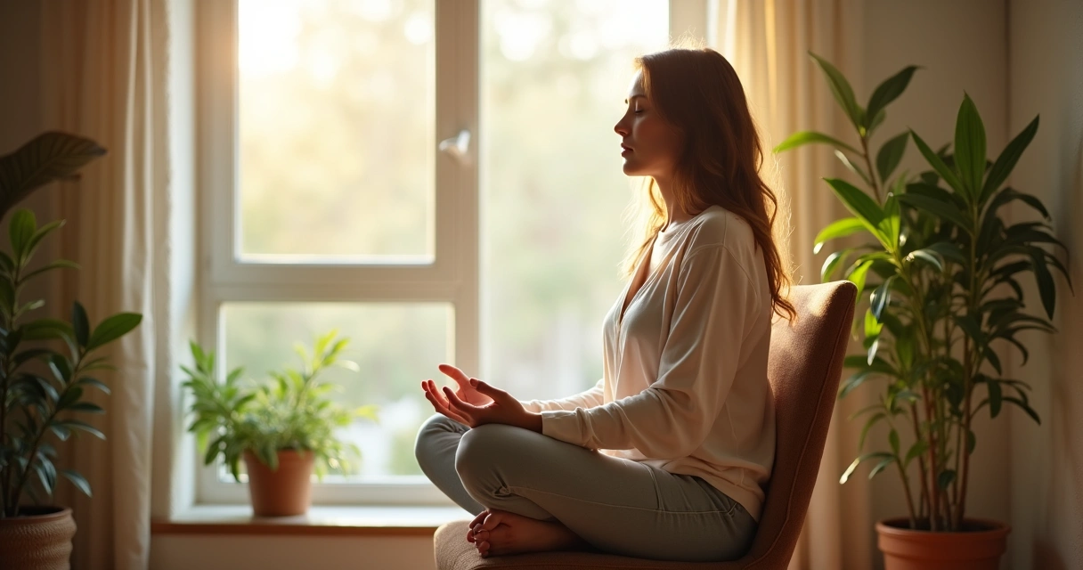 Mulher respirando profundamente sentada em uma cadeira