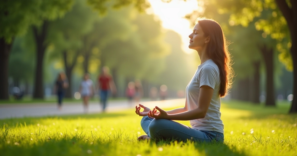 Mulher sentada praticando respiração profunda em parque 