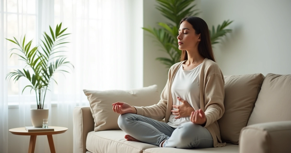 Mulher sentada no sofá fazendo respiração profunda para aliviar ansiedade 