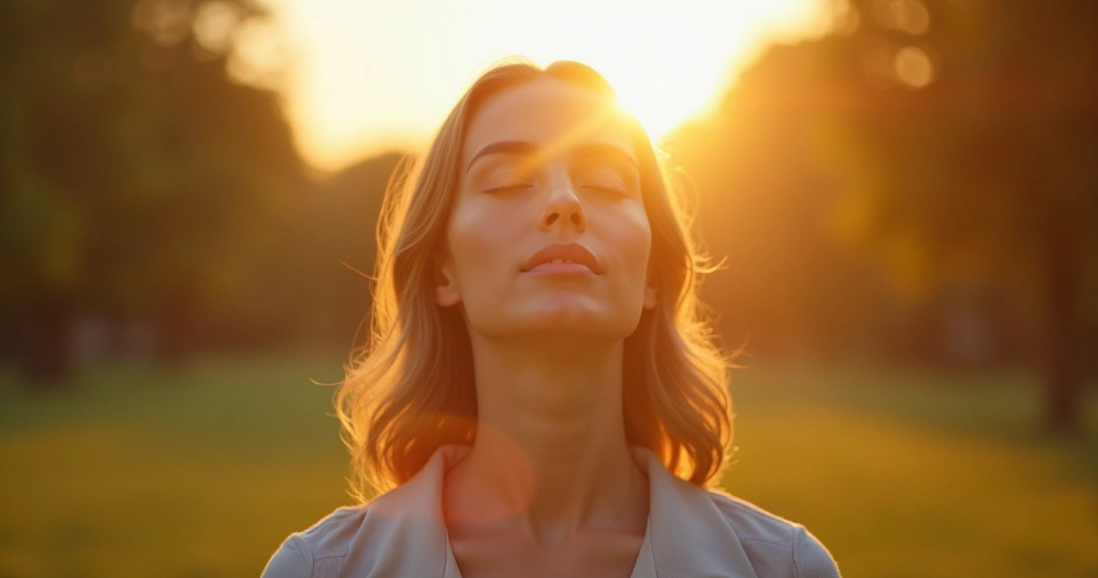 Mulher respirando fundo sob a luz do sol 