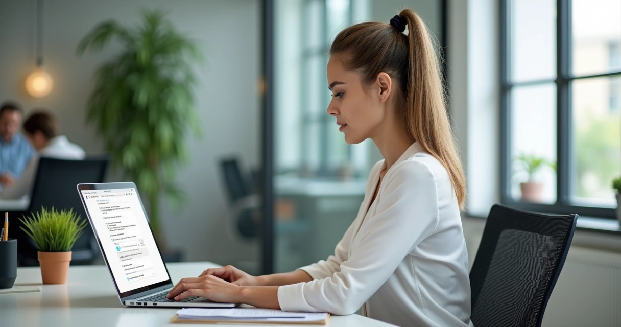 Mulher responde pesquisa em notebook em ambiente corporativo 