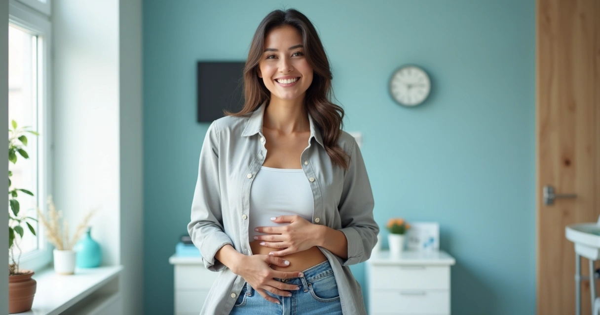 Mulher sorrindo mostrando o abdômen após tratamento estético 