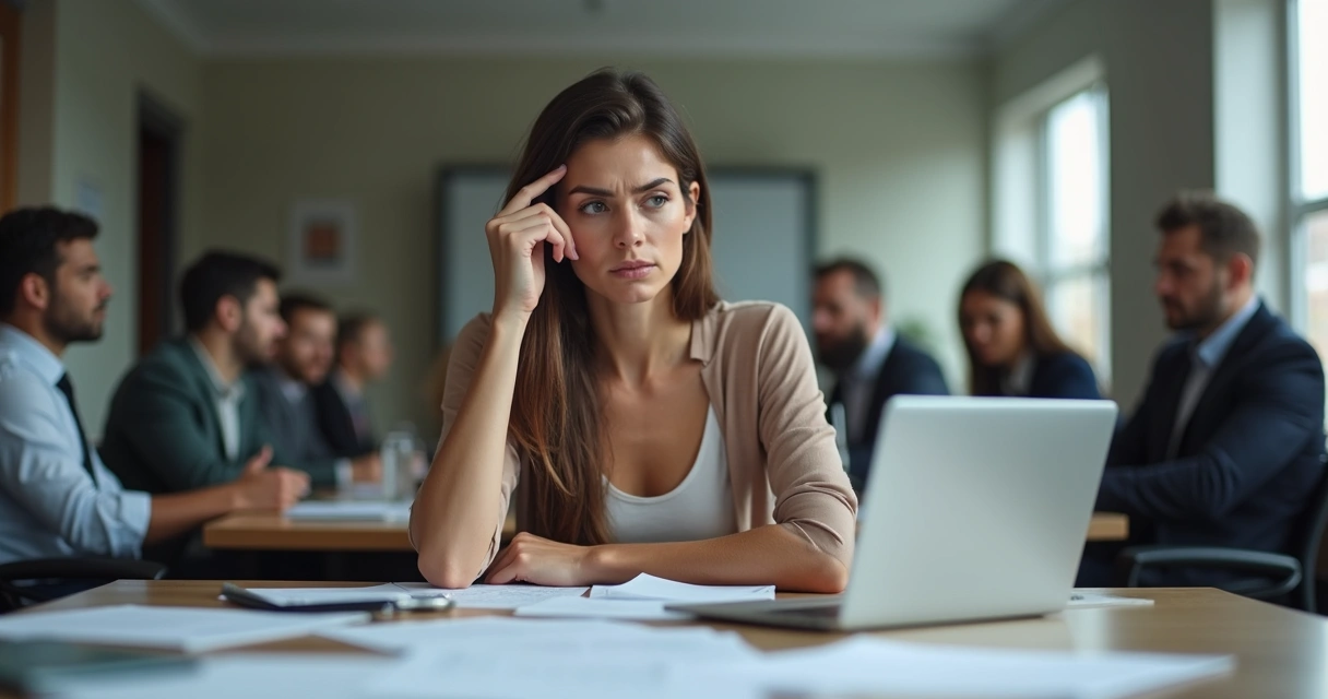Mulher sentada à mesa de reunião com expressão preocupada, rodeada de papéis e computador, pessoas ao fundo desfocadas. 