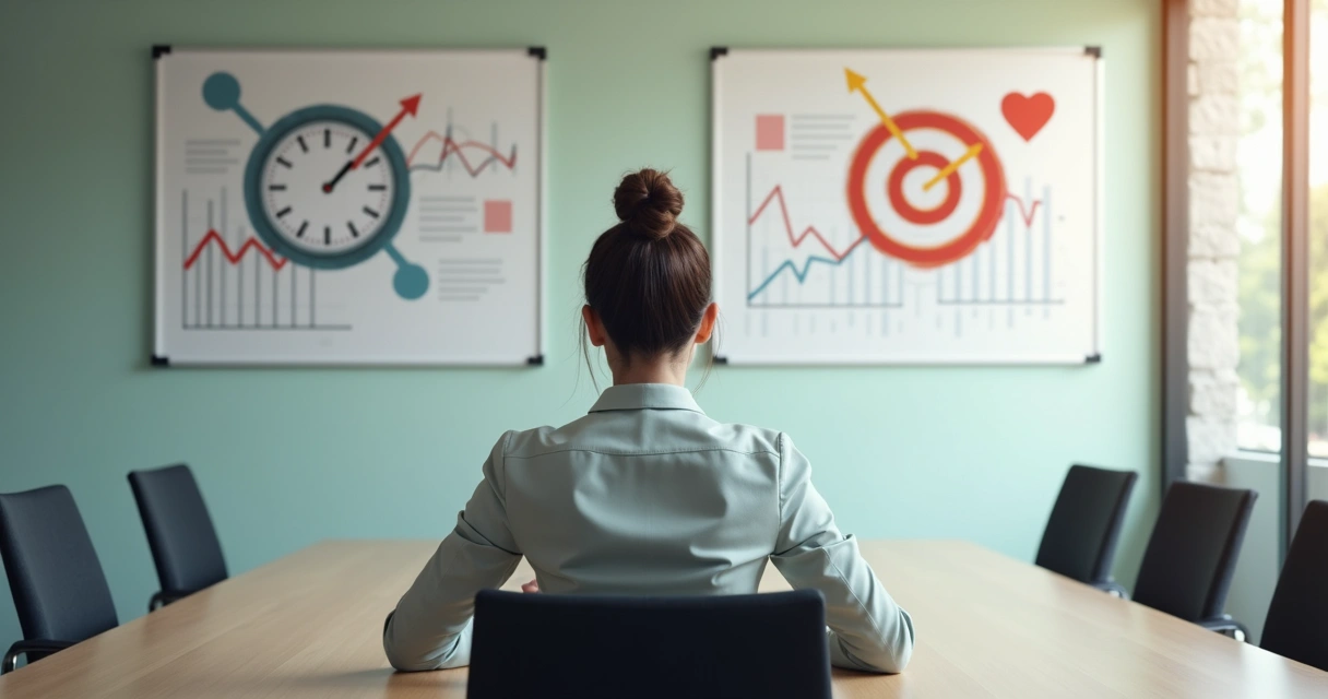 Mulher sentada em mesa de reunião olhando dois caminhos opostos representados em gráficos na parede
