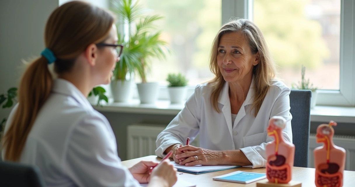 Mulher sentada a uma mesa, conversando com nutricionista sobre sintomas da perimenopausa