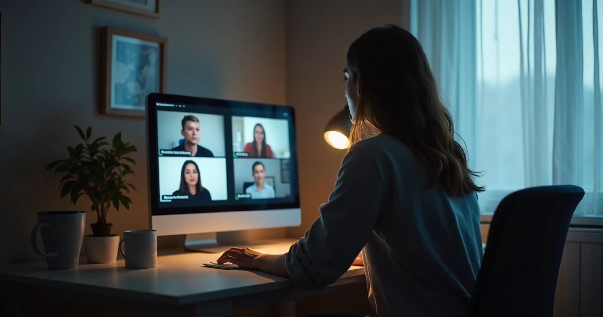 Mulher olhando para a tela durante reunião virtual, aparentando solidão 
