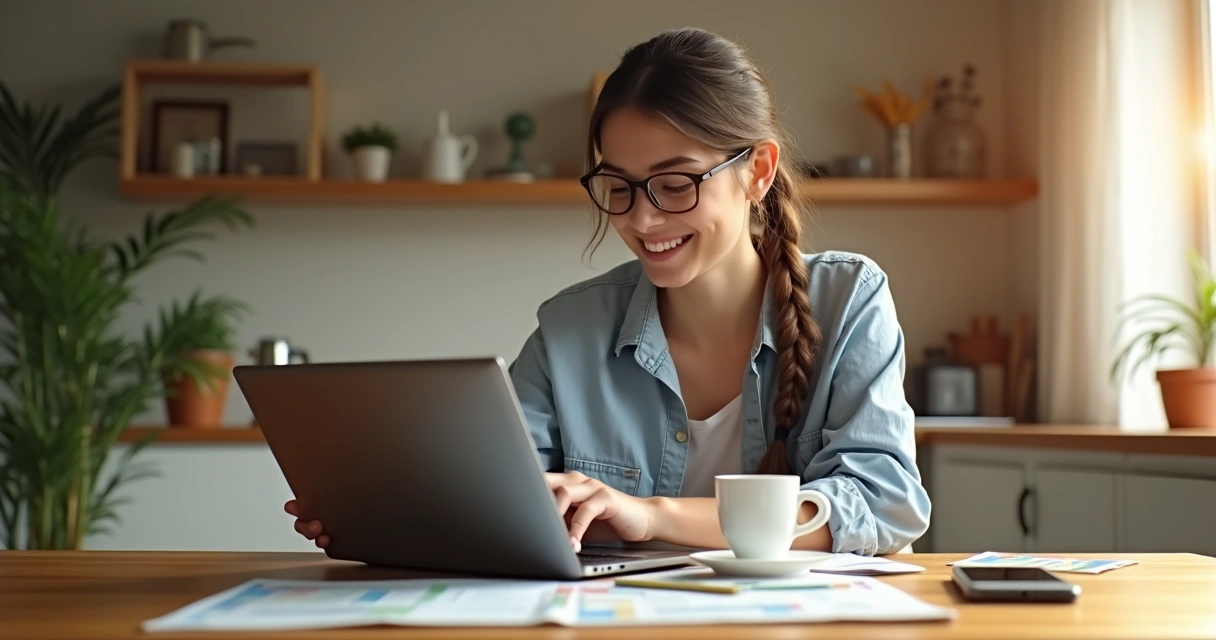 Mulher usando planilha em notebook enquanto toma café da manhã na mesa 