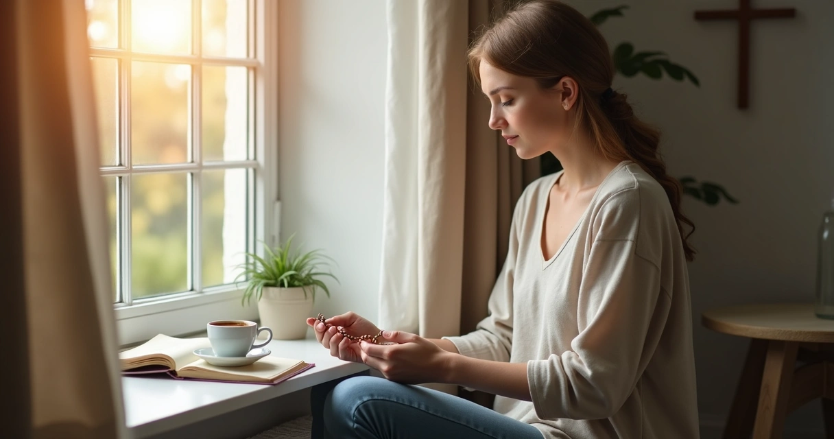 Mulher segurando terço olhando pela janela 