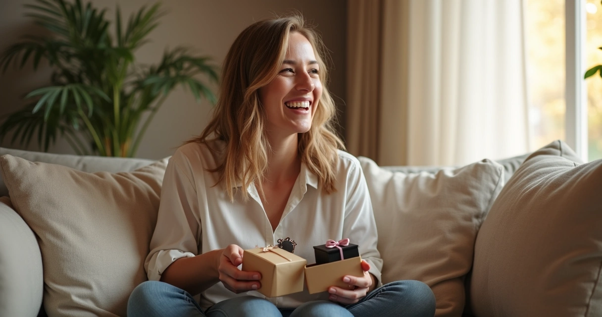 Mulher sorrindo recebendo presentes criativos na sala de estar