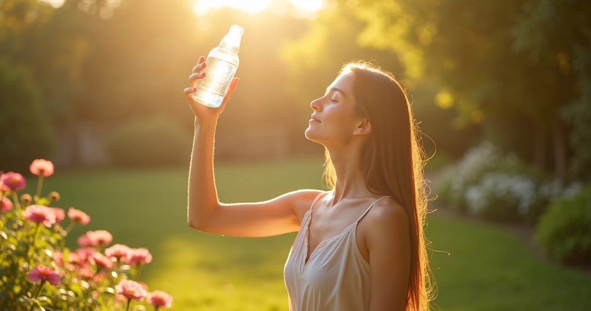 Mulher praticando ritual com água solarizada ao sol 