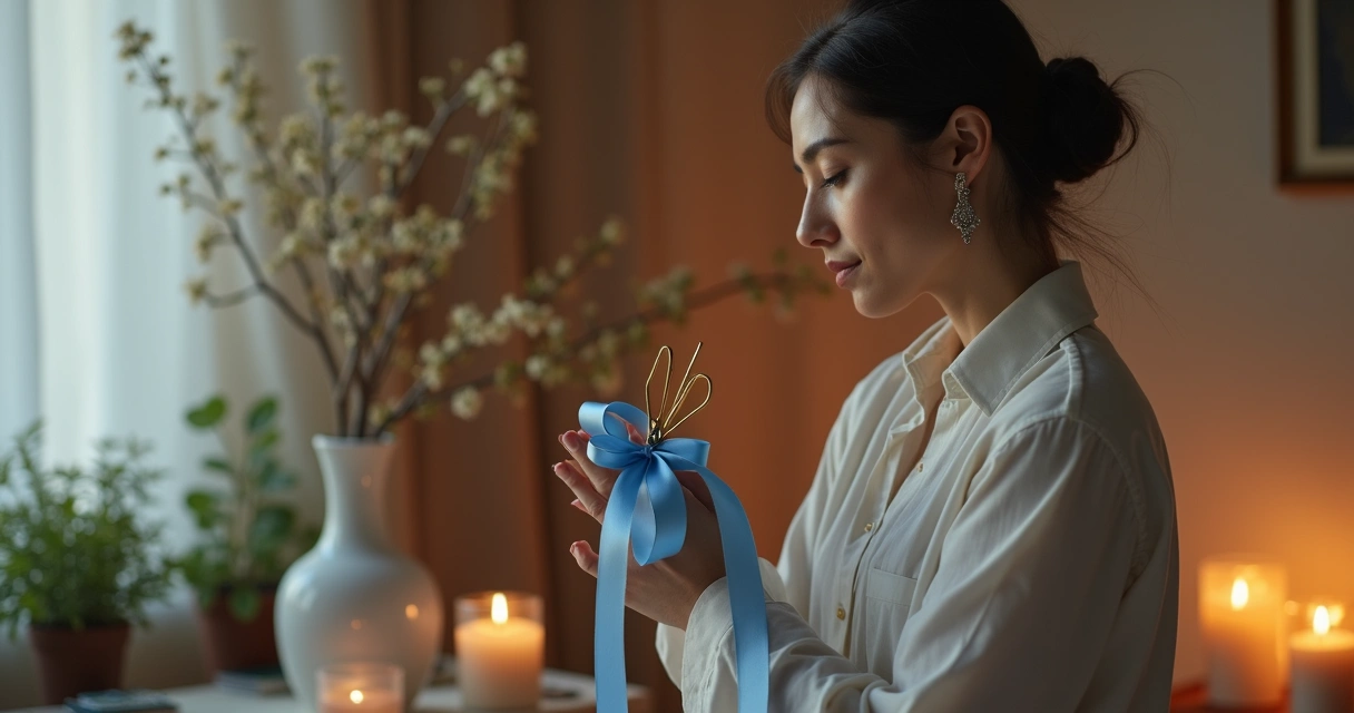 Mulher em ritual cortando laços simbólicos com fita azul e luz suave 