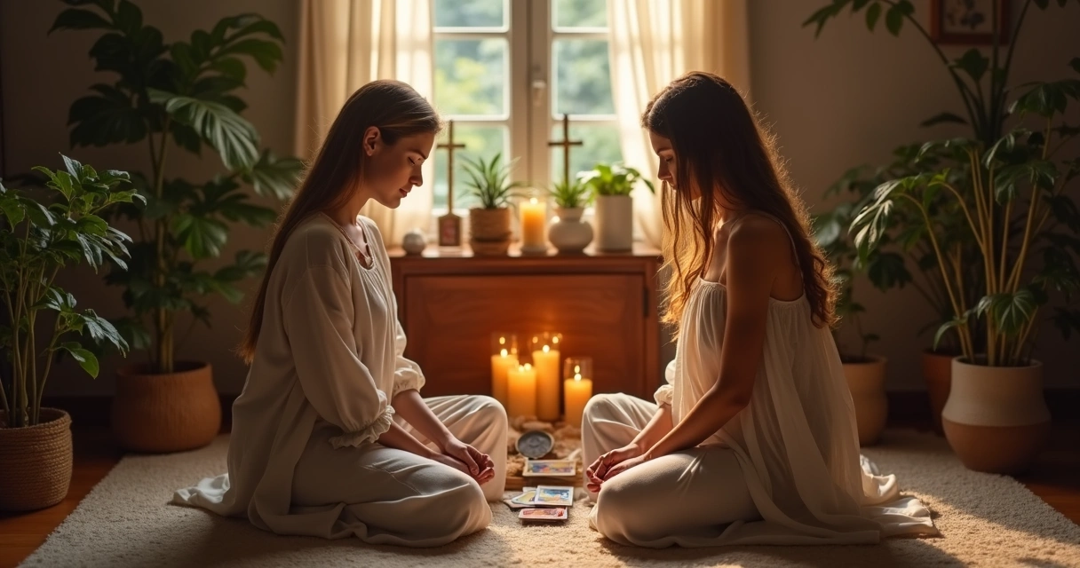 Mulher fazendo ritual com velas e cartas de oráculo