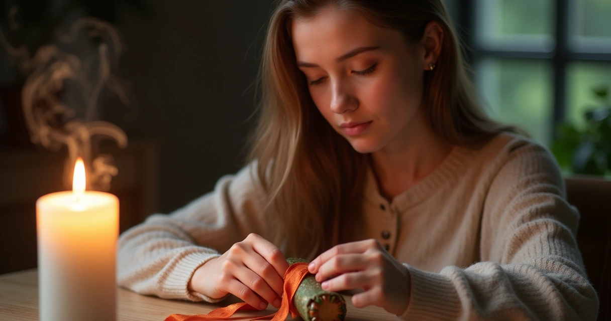 Mulher amarrando fitas coloridas em objeto com vela acesa ao fundo 