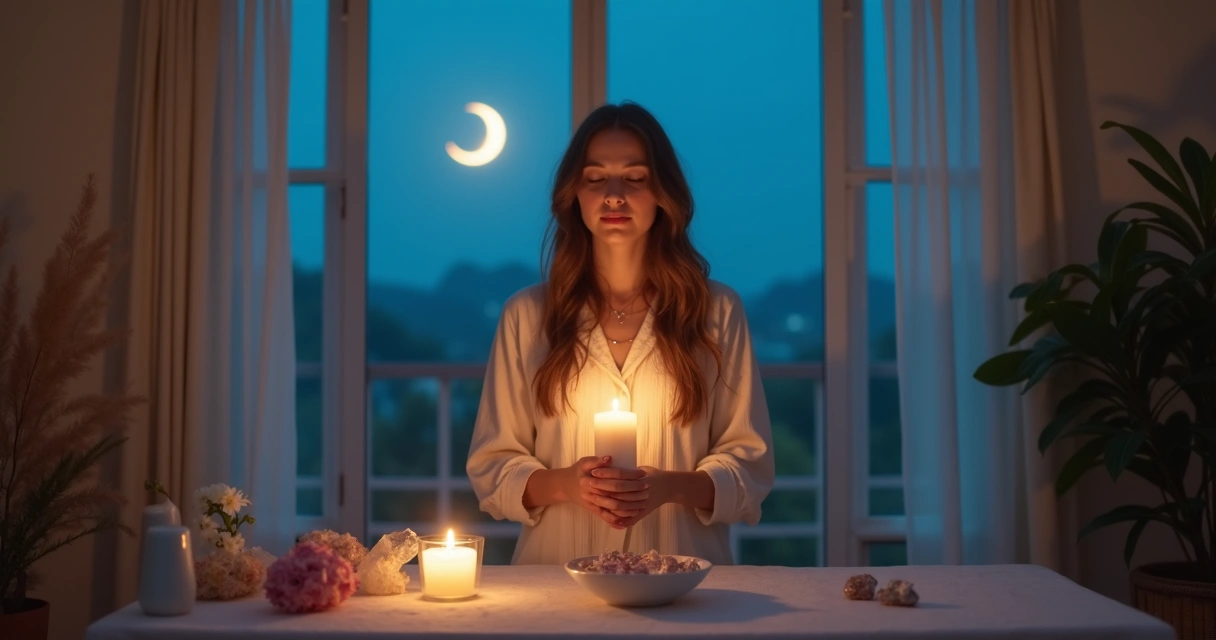 Mulher segurando vela branca em ritual lunar noturno 