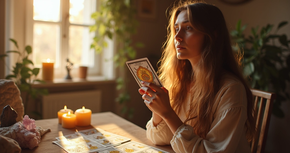 Mulher segurando carta de tarot em ambiente sereno 