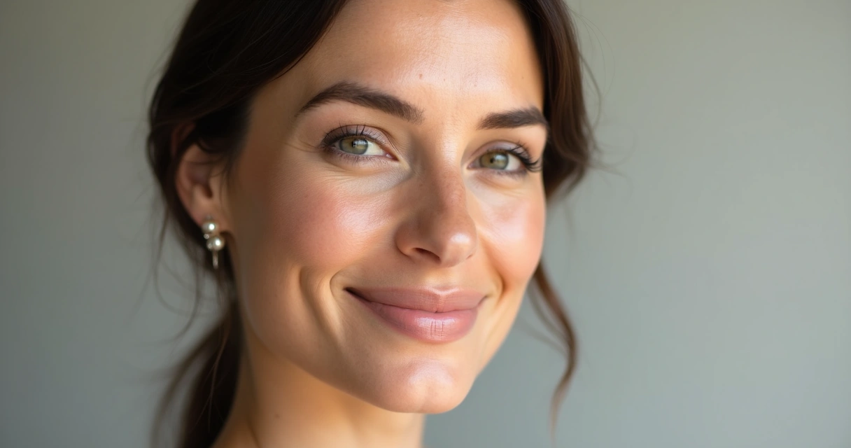 Mulher com pele suave e aparência jovem, com sorriso natural, em fundo neutro